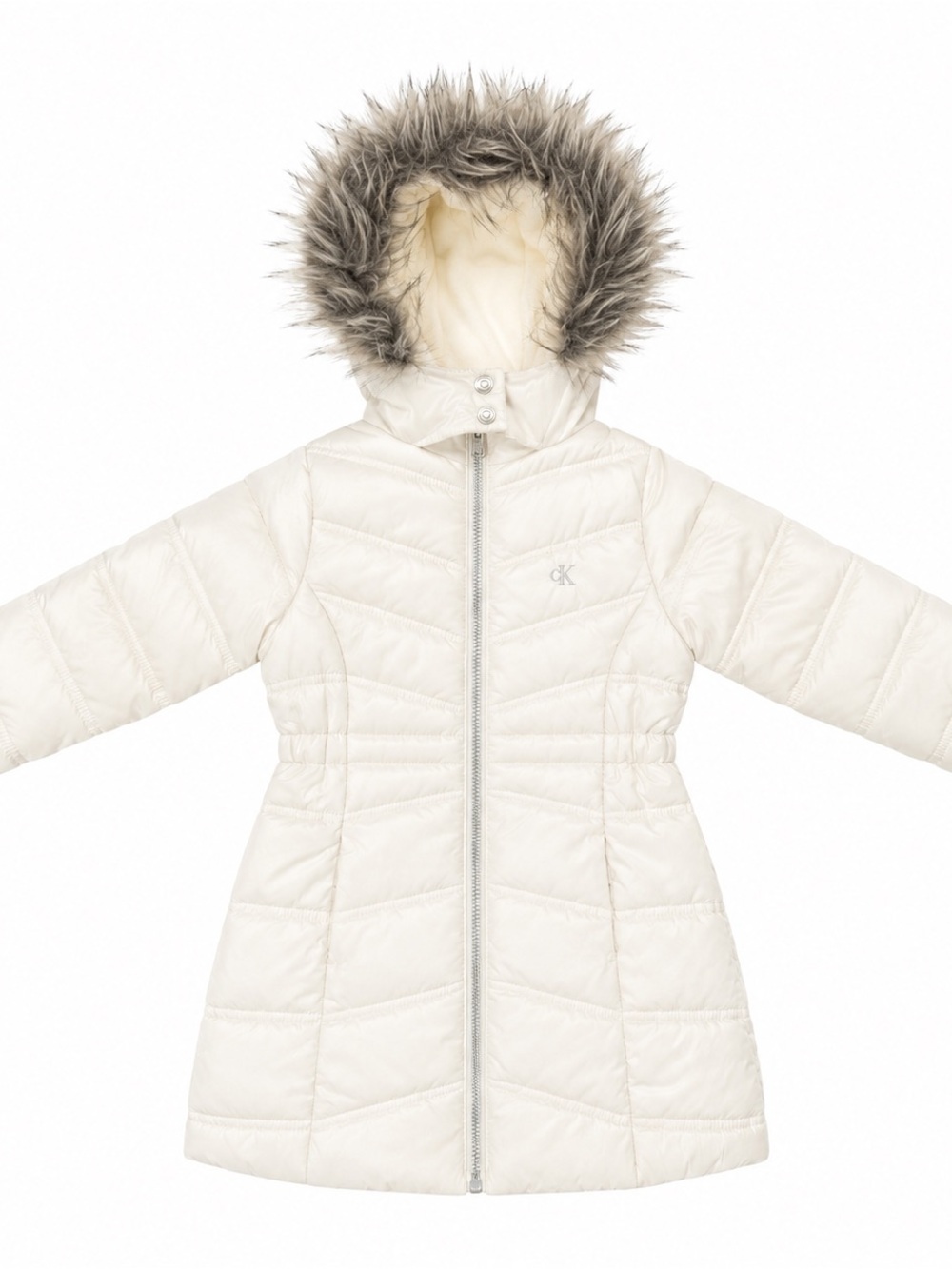 Calvin Klein women’s Ivory Puffer Coat with Faux Fur Hood